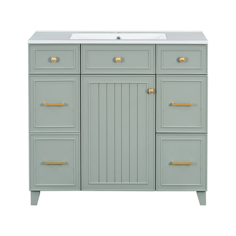 Transitional Green 36-Inch Bathroom Vanity with Ceramic Sink, Solid Wood Frame, Soft Close Doors, Adjustable Shelves, and Hairdryer Storage