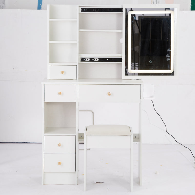 29.2' Small Size Left Drawer Desktop Vanity Table + Cushioned Stool, 2 AC+2 USB Power Station, Hair dryer bracket, Extra Large Touch Control Sliding LED Mirror, Tri-color Switching, Brightness Adjust