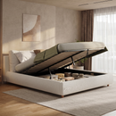 Queen Size Ottoman Hydraulic Lift Storage Platform Bed, Luxurious Boucle fabric Upholstered Bed, 2 Removable-Cover Cushions, Sturdy Storage Bed Frame for Bedroom, Warm White