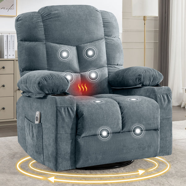 Oversized Massage Swivel Recliner Chair with Lumbar Heating for Living Room Rocker Recliner with Cup Holders and USB Charge Port, for Adult