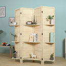 4 Panel Rustic Shutter Style Room Divider with Removable Corner Shelves, Wood Frame Foldable Room Divider, Natural
