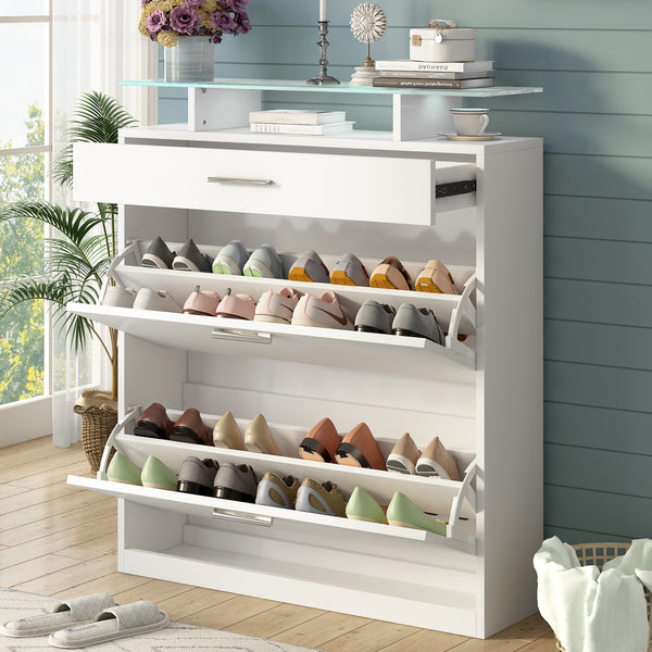 [VIDEO provided] ON-TREND Slim Entryway Organizer with 2 Flip Drawers, Tempered Glass Top Shoe Storage Cabinet with Drawer, Free Standing Tipping Bucket Shoe Rack with LED Light for Hallway, White