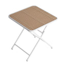 Modern folding square table, water-proof and wear-resistant. Available in apricot and white. Dimensions: 27.56*27.56*29.33 inches (in). PP tabletop and UV-resistant powder-coated metal legs.