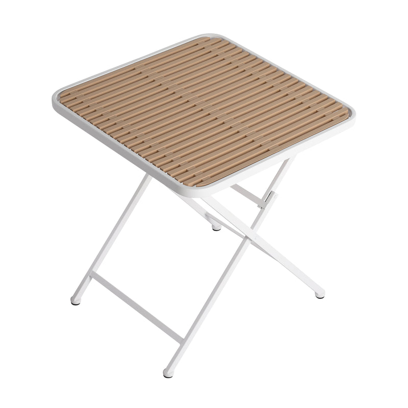 Modern folding square table, water-proof and wear-resistant. Available in apricot and white. Dimensions: 27.56*27.56*29.33 inches (in). PP tabletop and UV-resistant powder-coated metal legs.