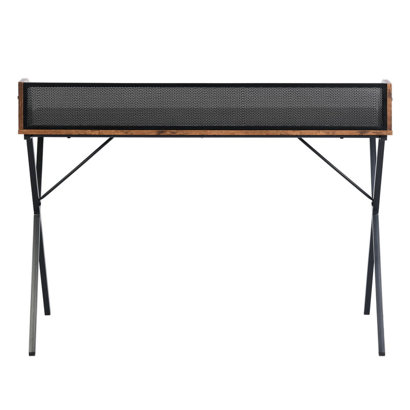 Vintage Brown Mesh Back Desk - Industrial X-Leg Design