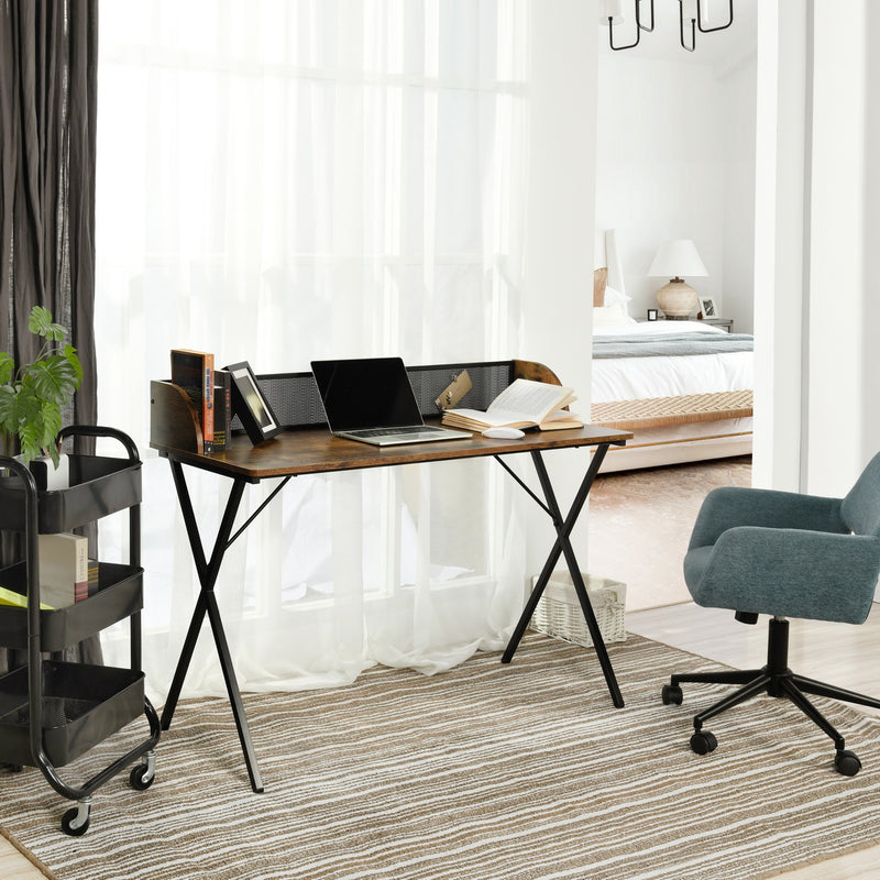Vintage Brown Mesh Back Desk - Industrial X-Leg Design