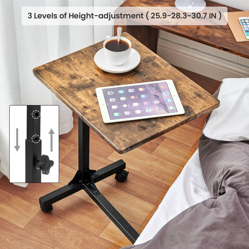Adjustable Rolling Bedside Table with Black, Vintage Brown, or Wood Top - Compact and Mobile