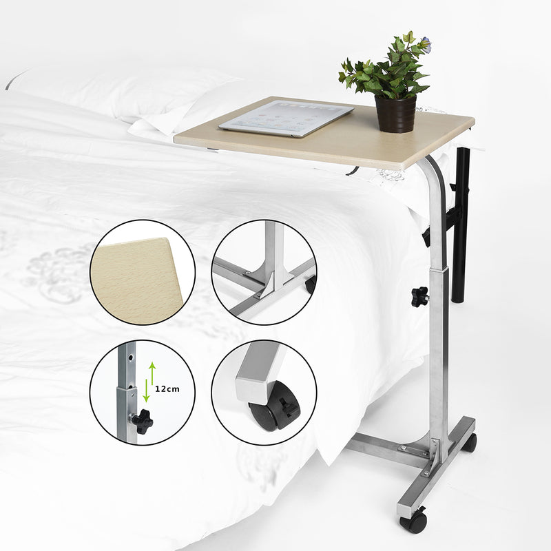 Adjustable Rolling Bedside Table with Black, Vintage Brown, or Wood Top - Compact and Mobile