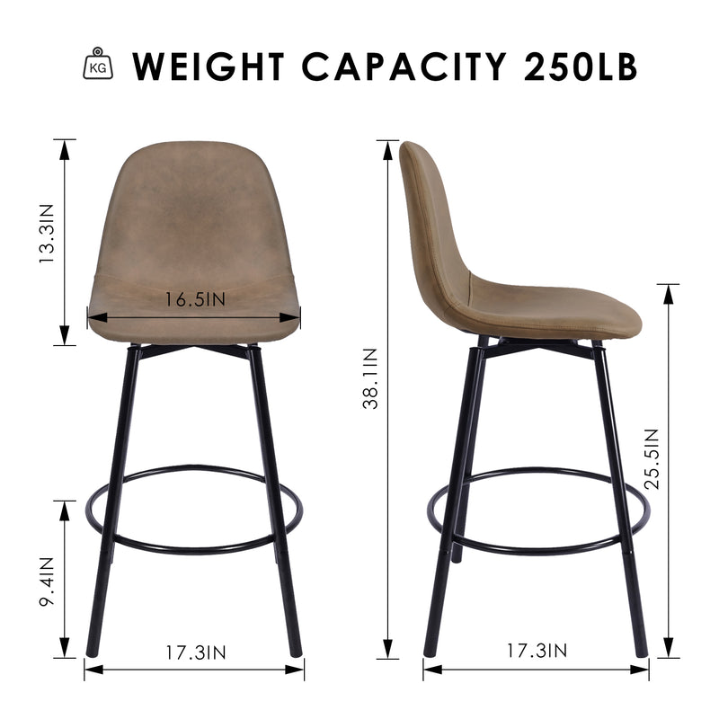 Modern 38in Barstools Set of 2 with Brown Faux Leather Seat and Black Metal Frame