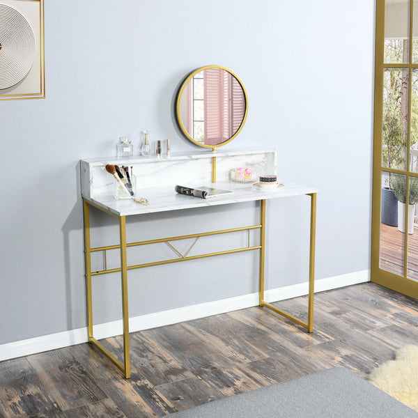 Modern White Marble Vanity Table with Gold Legs and Round Mirror