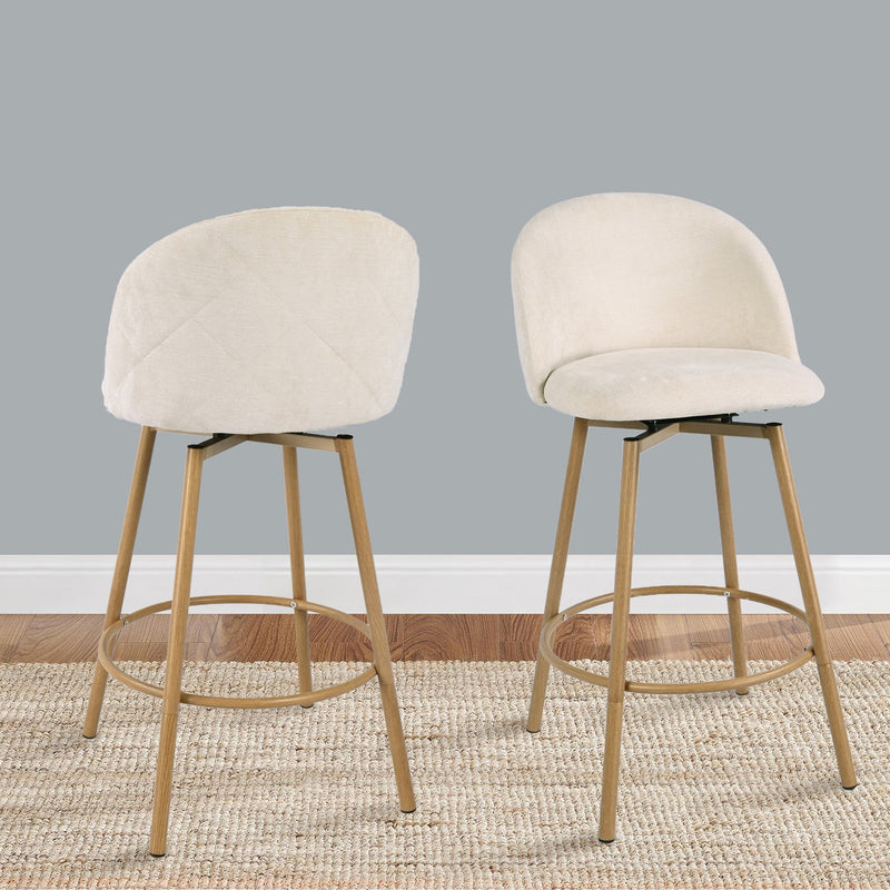 Set of 2 Modern Counter-Height Bar Stool – Biscuit Upholstery with Gold Metal Frame (250 lb Weight Capacity)