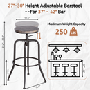 Set of 2 Adjustable Industrial Bar Stools - Walnut Wood Seat with Black Metal Frame