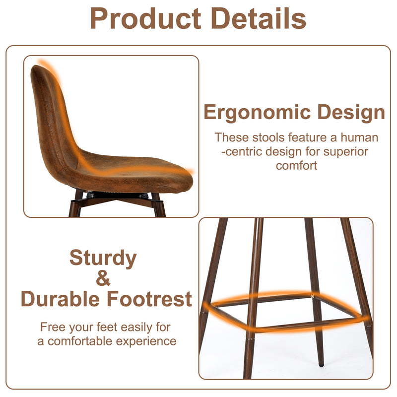 Counter Stool with Suede Brown Upholstery, Walnut Metal Leg, 360° Swivel – Ideal for Kitchens and Bars