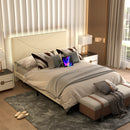Upholstered Bed Frame with LED Lights & USB Charging Ports – Queen Size, Beige & Grey Colors
