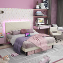 Upholstered Bed Frame with LED Lights & USB Charging Ports – Queen Size, Beige & Grey Colors
