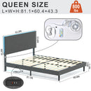 Upholstered Bed Frame with LED Lights & USB Charging Ports – Queen Size, Beige & Grey Colors
