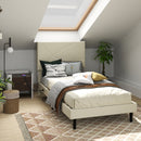 Upholstered Bed Frame with LED Lights & USB Charging Ports – Modern Beige Fabric with Adjustable Headboard