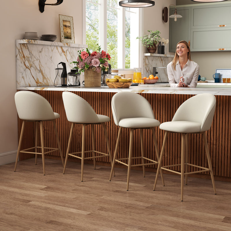 Set of 2 Modern Fabric Swivel Barstools with Metal Legs in Wood Finish – Beige, Grey, or Blue
