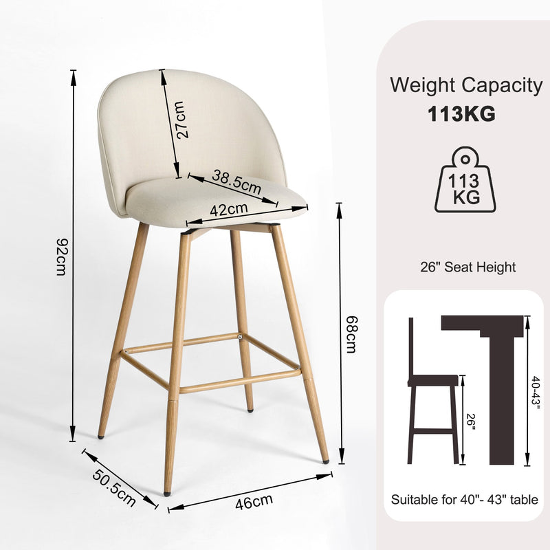 Set of 2 Modern Fabric Swivel Barstools with Metal Legs in Wood Finish – Beige, Grey, or Blue