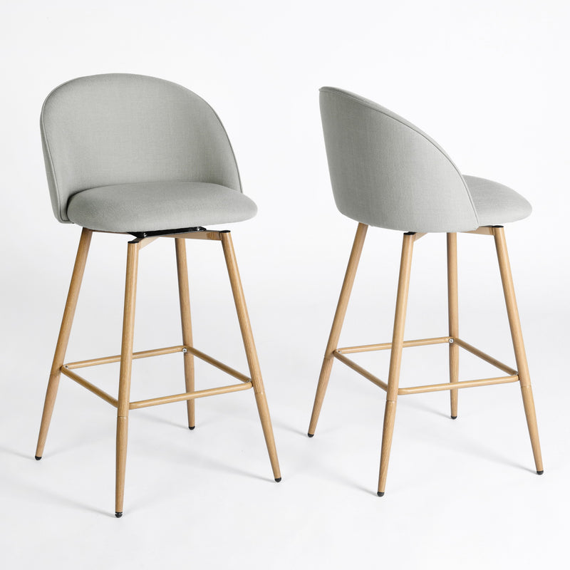Set of 2 Modern Fabric Swivel Barstools with Metal Legs in Wood Finish – Beige, Grey, or Blue