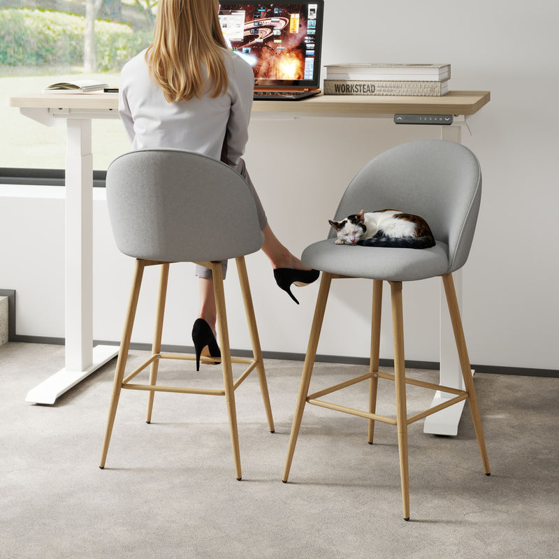 Set of 2 Modern Fabric Swivel Barstools with Metal Legs in Wood Finish – Beige, Grey, or Blue