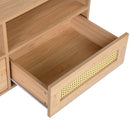 Obert Oak Rattan TV Stand – Mid-Century Modern Media Console with Storage Drawers