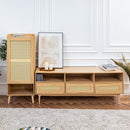 Obert Oak Rattan TV Stand – Mid-Century Modern Media Console with Storage Drawers