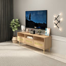 Obert Oak Rattan TV Stand – Mid-Century Modern Media Console with Storage Drawers