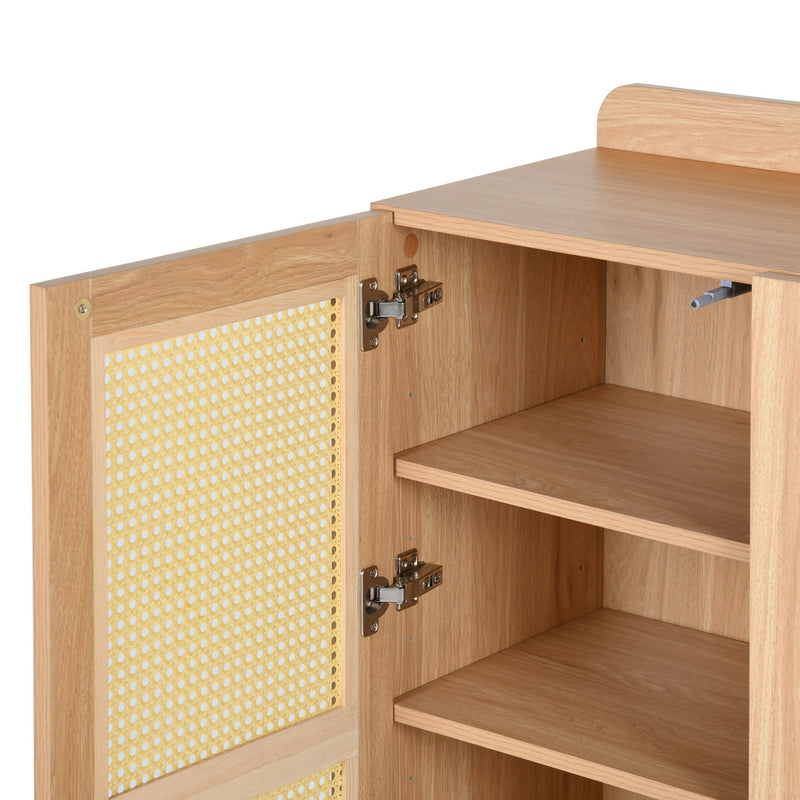 Pythia Oak Rattan Storage Cabinet – Modern Boho Accent Cabinet with Adjustable Shelves