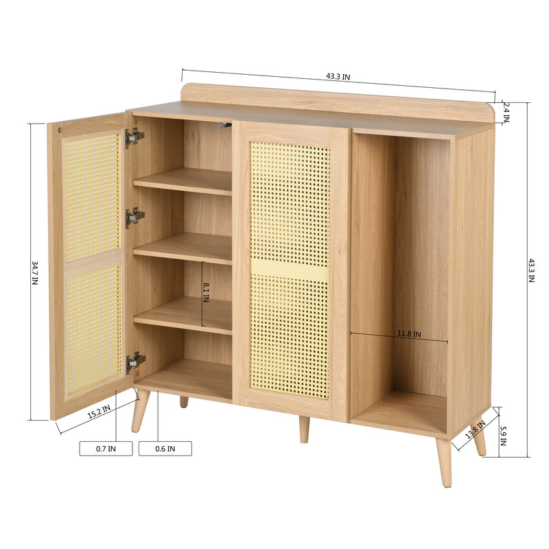 Pythia Oak Rattan Storage Cabinet – Modern Boho Accent Cabinet with Adjustable Shelves
