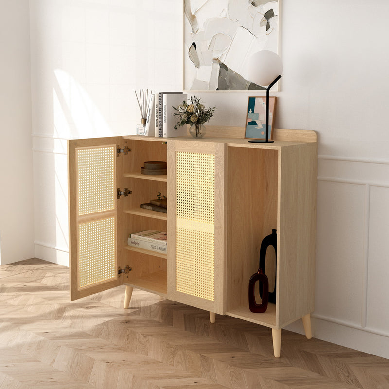 Pythia Oak Rattan Storage Cabinet – Modern Boho Accent Cabinet with Adjustable Shelves