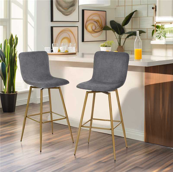 Set of 2 Modern Swivel Barstools Grey Fabric with Gold Legs – 30" Seat Height