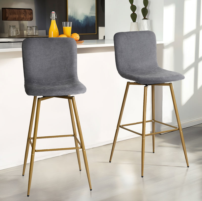 Set of 2 Modern Swivel Barstools Grey Fabric with Gold Legs – 30" Seat Height