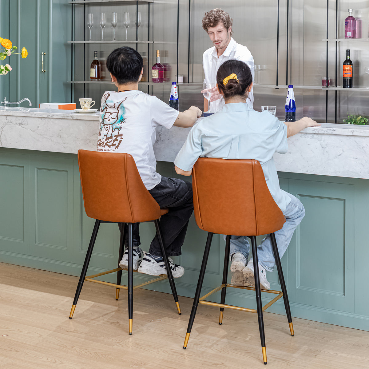 Cognac PU Leather Swivel Bar Stools with Metal Frame - Set of 2