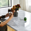 5-Piece Dining Set – Faux Marble Table with Grey Fabric Chairs | Modern & Chic