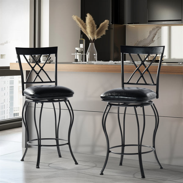 26in 360° Swivel Barstools (Set of 2) – Elegant Double-X Backrest, Ergonomic Design, and Durable Metal Frame