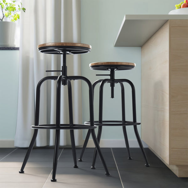 Set of 2 Height Adjustable Barstools with Manufactured Wood Seat – Oak Color, 27"–30" Adjustable Height