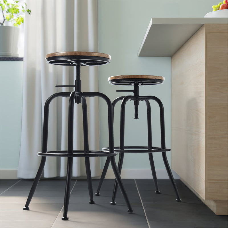 Set of 2 Height Adjustable Barstools with Manufactured Wood Seat – Oak Color, 27"–30" Adjustable Height