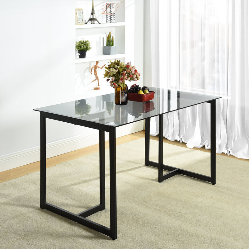 55in Slip Smoke Grey Glass Dining Table with Black Metal Legs