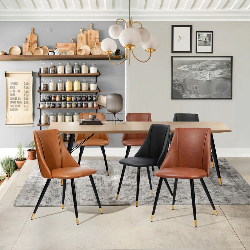 Set of 2 Cognac PU Leather Dining Chairs – Ergonomic Backrest, High-Density Sponge Cushion, Black and Gold Metal Legs