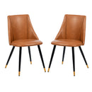 Set of 2 Cognac PU Leather Dining Chairs – Ergonomic Backrest, High-Density Sponge Cushion, Black and Gold Metal Legs