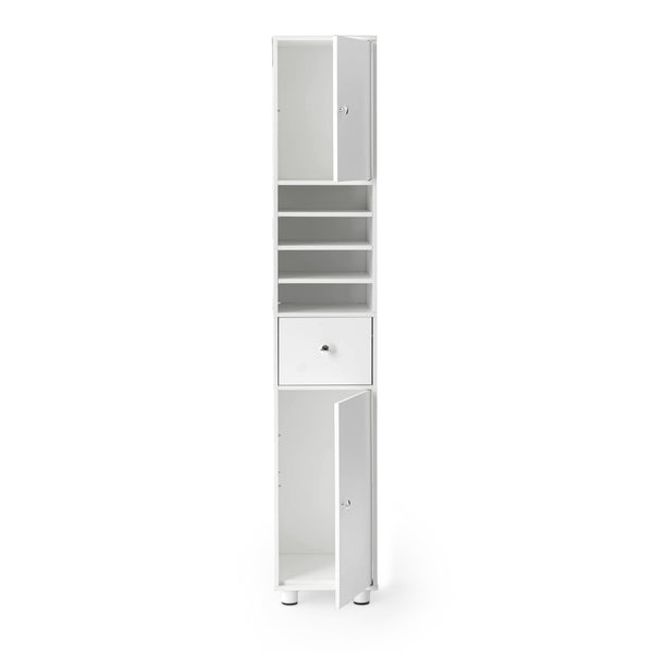 Tall Modern White Storage Cabinet with Shelves and Drawer