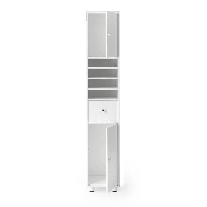 Tall Modern White Storage Cabinet with Shelves and Drawer