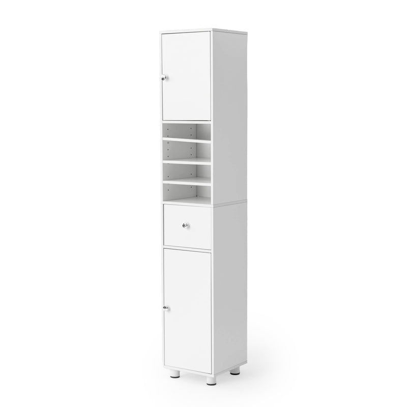 Tall Modern White Storage Cabinet with Shelves and Drawer