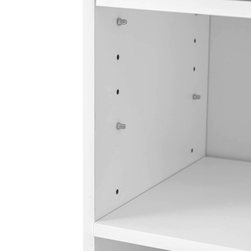 Tall Modern White Storage Cabinet with Shelves and Drawer