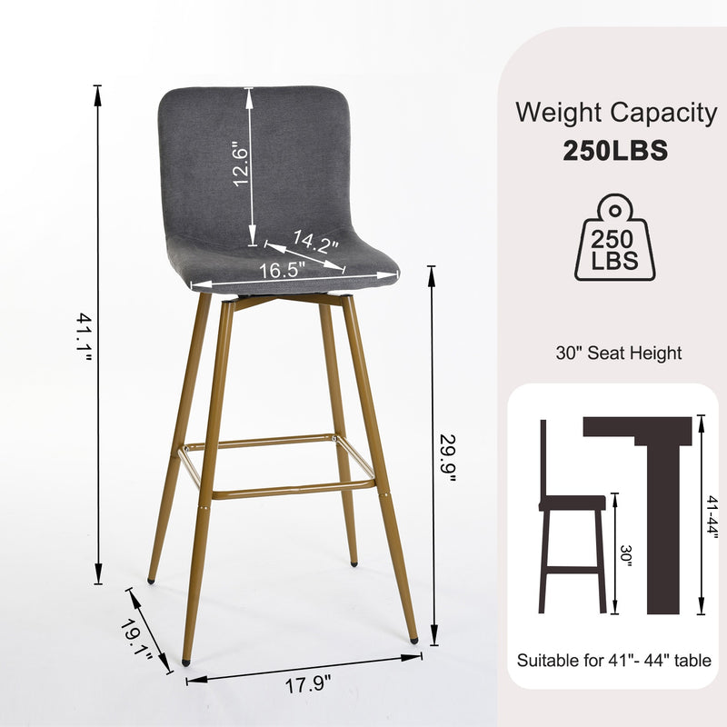 Set of 2 Modern Swivel Barstools Grey Fabric with Gold Legs – 30" Seat Height