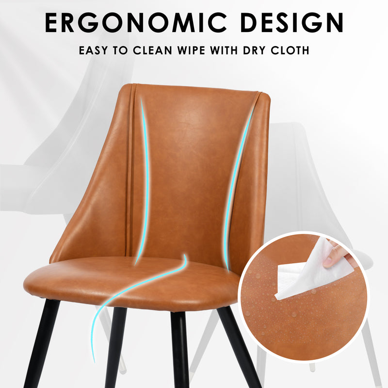 Set of 2 Cognac PU Leather Dining Chairs – Ergonomic Backrest, High-Density Sponge Cushion, Black and Gold Metal Legs