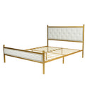 Queen Size Upholstered Platform Bed Frame with Gold Metal, Beige/Suede