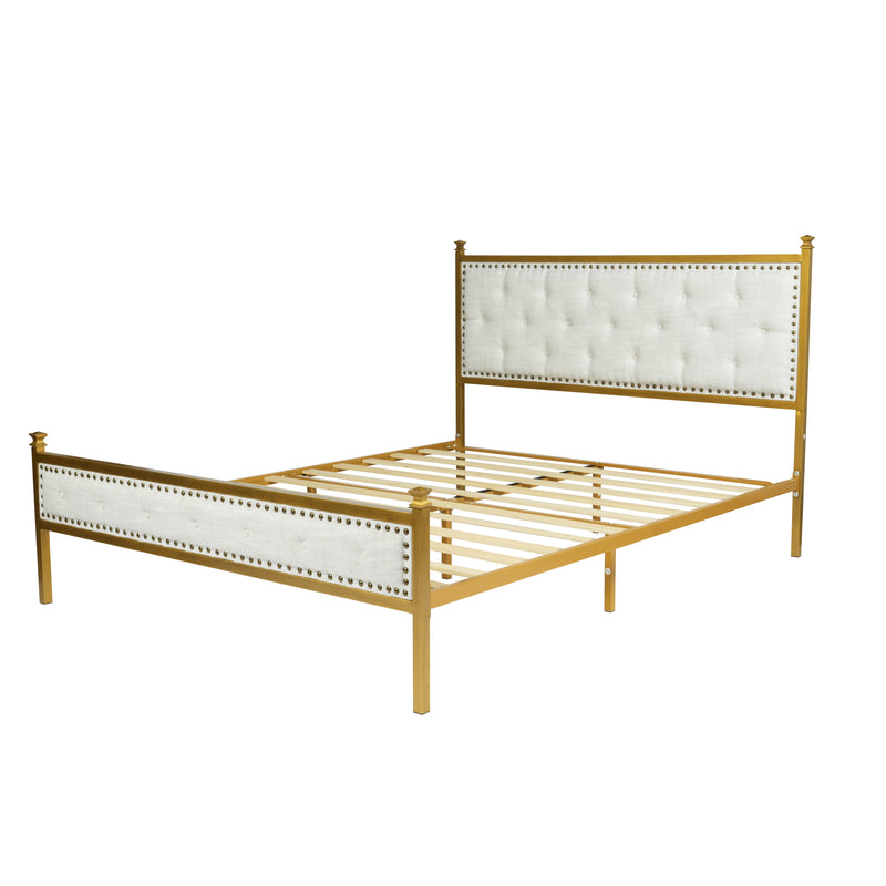 Queen Size Upholstered Platform Bed Frame with Gold Metal, Beige/Suede