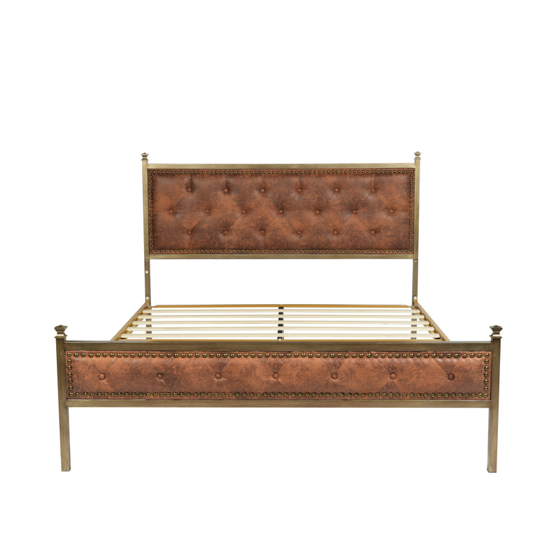 Queen Size Upholstered Platform Bed Frame with Gold Metal, Beige/Suede